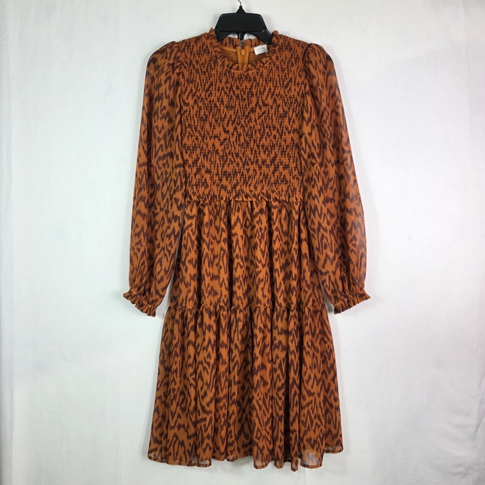 Wilfred Aritzia Rosalyn Abstract print tiered puff long  sleeves chiffon Dress - Picture 2 of 16
